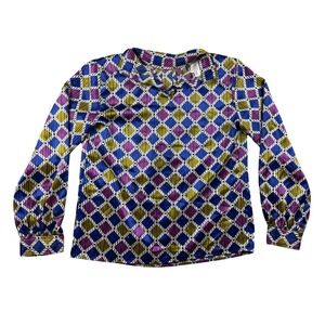 Vintage Anna Kriste Blouse Women 10 Multi Color Satin Diamond Geometric USA Made